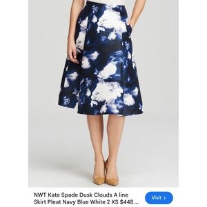 Kate Spade Dusk Clouds A-Line Skirt Pleated Navy‎ Blue White Party $448